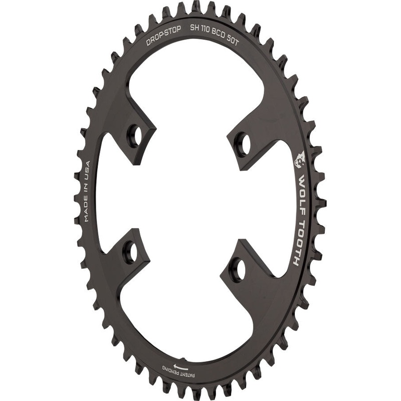 Wolf Tooth Shimano 110 Asymmetric BCD Chainring – 50t 110 Asymmetric BCD 4-Bolt Drop-Stop For Shimano Cranks BLK