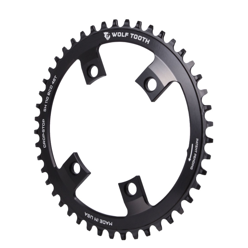 Wolf Tooth Shimano 110 Asymmetric BCD Chainring – 46t 110 Asymmetric BCD 4-Bolt Drop-Stop For Shimano Cranks BLK
